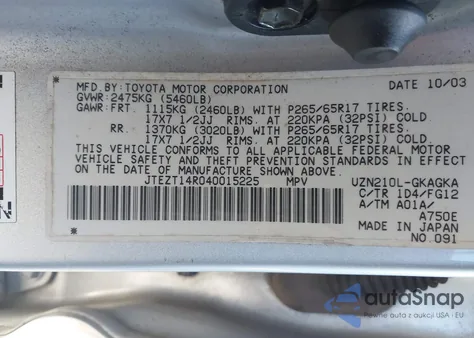 2004 Toyota 4Runner Sr5 V8 z USA, uszkodzony, nr VIN JTEZT14R040015225